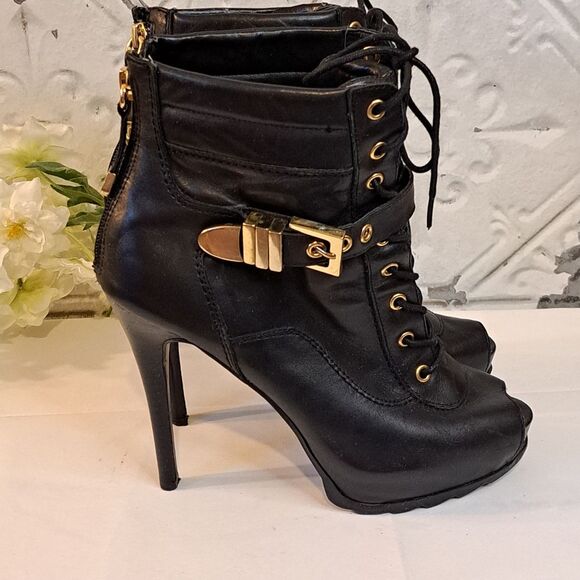 Guess Bieninda Black Leather Peep Toe High Heel Boots Buckle Details 7.5 M - Picture 10 of 15